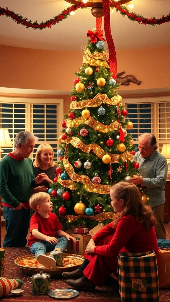 The Griswold family celebrating Christmas with a decorated tree and holiday decorations.